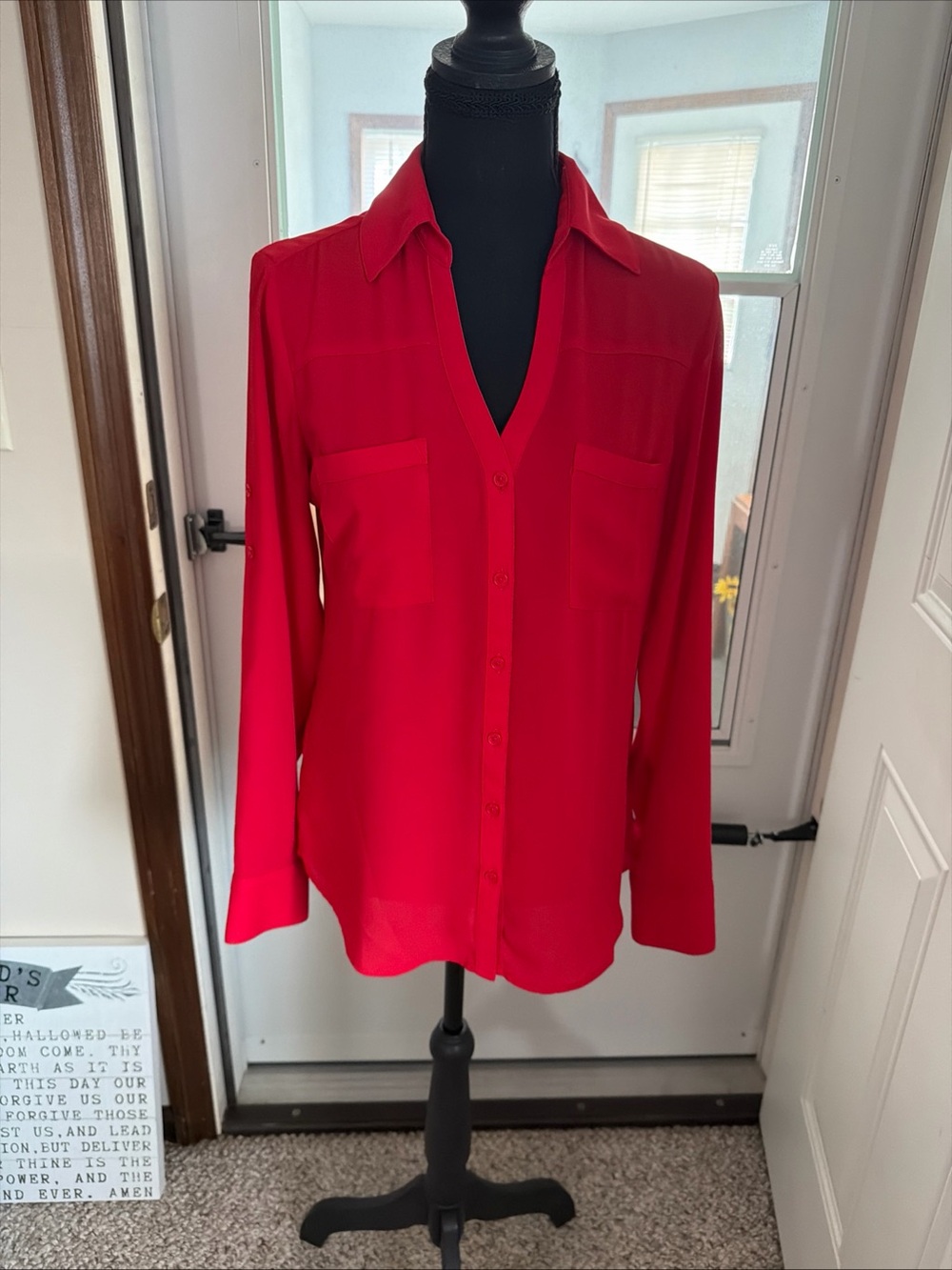 Express Vibrant Red Button-Front V-Neck Blouse